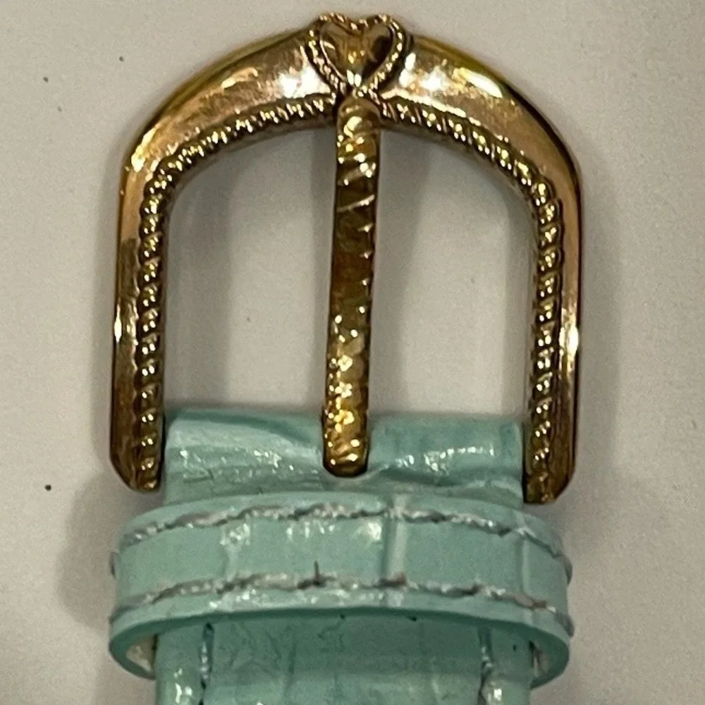 Judith Ripka Turquoise Dial Gold Tone Rope Bezel Croco Leather Strap Watch